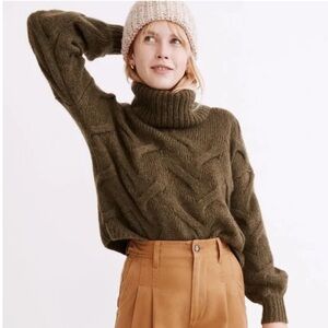 Madewell Somervell Modern Cable Knit Green Wool Turtleneck Sweater Size small